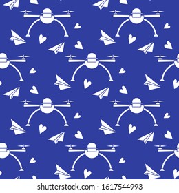Vector seamless pattern Drone, paper airplane, hearts Valentine's day, wedding, Birthday. Romantic background Fast delivery to customer Future transportation concept Design for wrapping, fabric, print