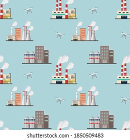 Vector seamless pattern of drones inspecting industrial power plants. Smart technologies