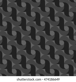 Vector seamless pattern of drop-shaped twists and undulations woven geometric shapes in dark colors for backgrounds design, printing, textile, packaging and websites.