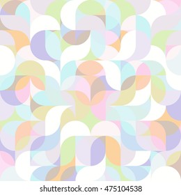 Vector seamless pattern of drop-shaped twists and undulating geometric forms hearts in bright pastel colors in a modern flat style design for backgrounds, printing, textile, packaging and websites.