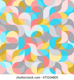 Vector seamless pattern of drop-shaped twists and undulating geometric forms hearts in bright pastel colors in a modern flat style design for backgrounds, printing, textile, packaging and websites.