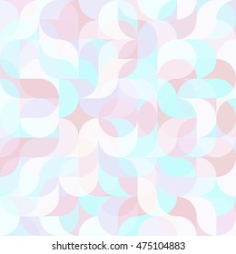 Vector seamless pattern of drop-shaped twists and undulating geometric forms hearts in bright pastel colors in a modern flat style design for backgrounds, printing, textile, packaging and websites.