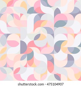 Vector seamless pattern of drop-shaped twists and undulating geometric forms hearts in bright pastel colors in a modern flat style design for backgrounds, printing, textile, packaging and websites.