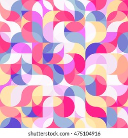 Vector seamless pattern of drop-shaped twists and undulating geometric forms hearts in bright pastel colors in a modern flat style design for backgrounds, printing, textile, packaging and websites.
