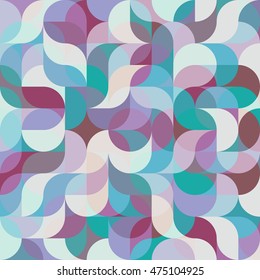 Vector seamless pattern of drop-shaped twists and undulating geometric forms hearts in dark pastel colors in a modern flat style design for backgrounds, printing, textile, packaging and websites.