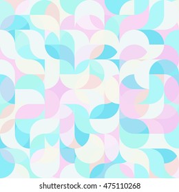 Vector seamless pattern of drop-shaped twists and undulating geometric forms hearts in bright pastel colors in a modern flat style design for backgrounds, printing, textile, packaging and websites.