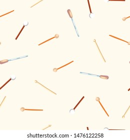 Vector seamless pattern with drum sticks. Сlassical percussion musical instruments. Warm colors. Isolated objects.  Yellowish background. 