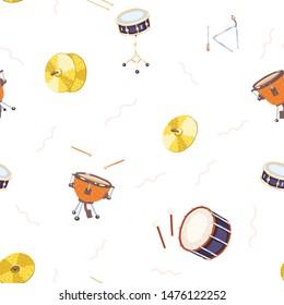 Vector seamless pattern with drums: timpani, cymbals, triangle, snare and bass drums. Сlassical percussion musical instruments. Violet, golden and warm colors. Isolated objects.  White background. 