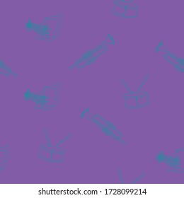 Vector seamless pattern with drums and trumpets. Violet background, turquoise lines