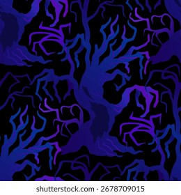 Vetor padrão sem emenda de uma árvore seca com um rosto maligno e mãos de galho , em um fundo escuro. Halloween design repetido