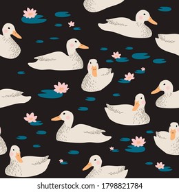 Vector seamless pattern with ducks swimming in the lake. Trendy vector illustration.