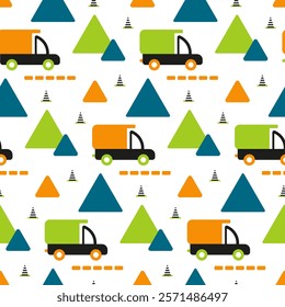 Vector seamless pattern with dump trucks for children. Toy cars of orange, bright green, black colors. Cartoon transport is driving on the road to the construction site. Baby repeat print with dumper.