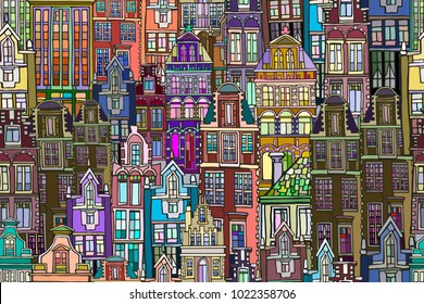 Vector seamless pattern with Dutch fictional vintage houses. Hand drawn.