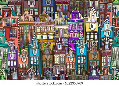 Vector seamless pattern with Dutch fictional vintage houses. Hand drawn.