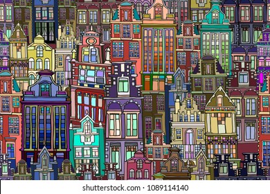 Vector seamless pattern with Dutch fictional vintage houses. Hand drawn.
