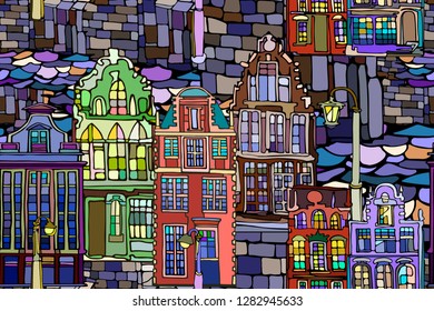 Vector seamless pattern with Dutch fictional vintage houses and canals. Hand drawn.