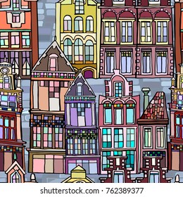 Vector seamless pattern with Dutch fictional vintage houses. Hand drawn.