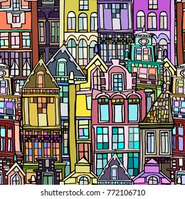 Vector seamless pattern with Dutch fictional vintage houses. Hand drawn.