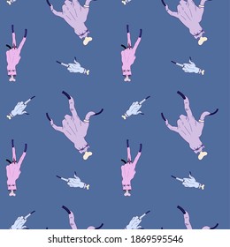 Vector seamless pattern of dynamically located hands in pink, blue and purple colors in different gestures. Punk rock gesture. Horror.
