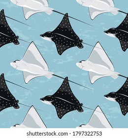 Vector seamless pattern with eagle rays swimming gracefully in the Blue Ocean