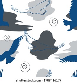 Vector seamless pattern with eagles and abstract shapes. Grey and blue seamless background with eagles.
