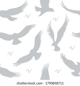 Vector seamless pattern with eagles and abstract shapes. Grey and white seamless background with eagles.