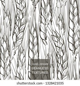 Vector seamless pattern an earring, a grain. Rural landscape field of wheat. Hand drawn engraving illustration of Countryside