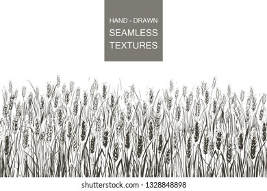 Vector seamless pattern an earring, a grain, Rural landscape field of wheat. Hand drawn engraving illustration of Countryside