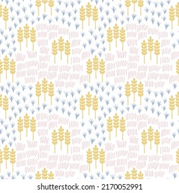 Vector seamless pattern with ears, grass and flowers. Farm illustration. Design for fabrics, wrapping paper, scrapbooking or brand package.