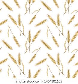 Vector seamless pattern with ears of wheat. Isolated on white. Whole grain, organic, for bakery package, bread products, web design.