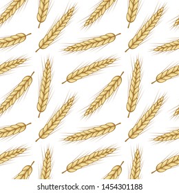Vector seamless pattern with ears of wheat. Isolated on white. Whole grain, organic, for bakery package, bread products, web design.