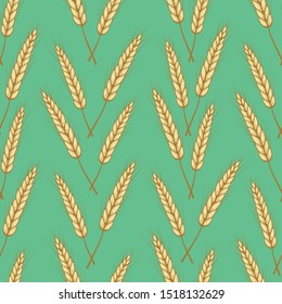 Vector seamless pattern with ears of wheat on green background. Whole grain, organic, for bakery package, bread products, web design.