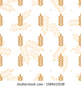 Vector seamless pattern with ears of wheat; whole grain, organic, for bakery package, bread products, wrapping paper, web design. White background.