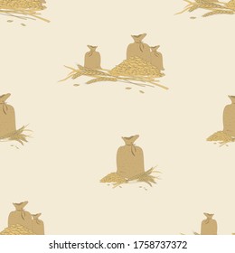 Vector seamless pattern of ears of wheat and bags with grain on a light yellow background.