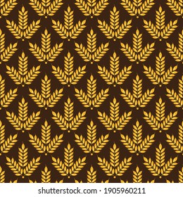 Vector seamless pattern with ears of wheat on dark brown background; for wrapping paper, packaging, fabric, textile.