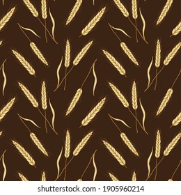 Vector seamless pattern with ears of wheat on brown background; for wrapping paper, packaging, fabric, textile.