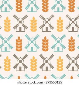 Vector seamless pattern with ears of wheat and mills (agricultural theme). Minimalistic design and harmonious colors (orange, turquoise, brown). Can be used for children's wear, web design, packaging