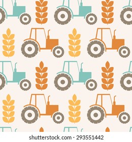 Vector seamless pattern with ears of wheat and tractors (agricultural theme). Minimalistic design and harmonious colors (orange, turquoise, brown). Can be used for children's wear, packaging, etc.