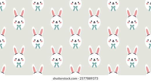 Vector seamless pattern with easter baby rabbits. Cute bunnies on gray background in flat design. Wrapping paper or fabric design. Easter springtime seamless pattern illustration.