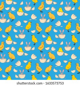 Vector seamless pattern, easter background, Funny yellow birds, wallpaper ornament, wrapping paper