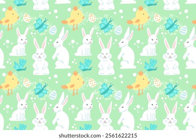 vector seamless pattern. easter background with bunnies, chick, butterfly and egg. pattern for printing fabric, packaging, wallpaper. endless ornament. easter holiday symbols