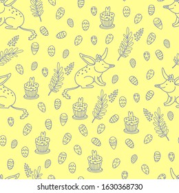 Vector seamless pattern with Easter bilby, eggs, golden wattle and cupcakes. Great print  for fabrics, wrapping papers, wallpapers, covers. Illustration in doodle style, purple on yellow background.