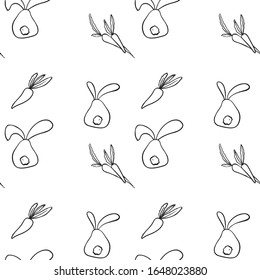 Vector seamless pattern with Easter bunnies with a fluffy tail that sit back and with a carrot.The illustration is done in style outline on a white isolated background. Use in textiles, decor elements