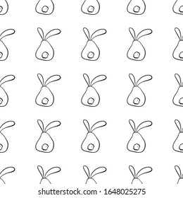 Vector seamless pattern with Easter bunnies with a fluffy tail that sit back and with a carrot.The illustration is done in style outline on a white isolated background. Use in textiles, decor elements