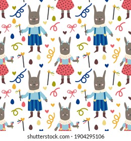 Vector seamless pattern. Easter bunnies. Rabbit boy in blue striped pants. Bunny girl in a polka dot sundress. Magic wands, colorful ribbons, hearts on a white background.