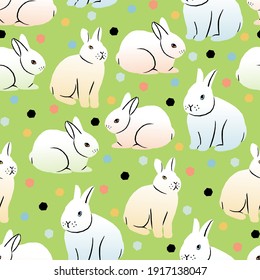 Vector seamless pattern with easter bunnies on light green background in geometric style 