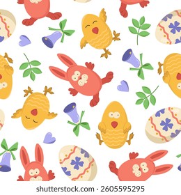Vector seamless pattern with Easter bunnies, chicks and eggs. Easter egg hunt invitation template on white background. Wallpaper and packaging design. Image of bunnies and chicks with bells