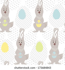 Vector seamless pattern with easter bunny and different eggs on the white background