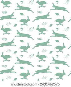 Vector seamless pattern of Easter bunny silhouette and leaves isolated on white background