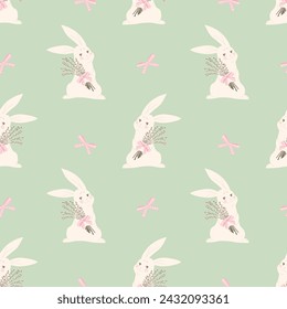 Vector seamless pattern with easter bunny. Trendy pattern with flowering willow branches on a green background. Spring background for the holiday of Easter.